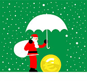 Merry Christmas cartoon characters flat design vector art illustration.
Santa Claus is holding umbrella to protect European Union currency (Euro sign coin) money from snowstorm.