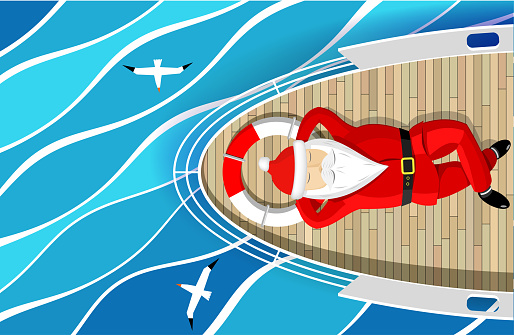 Santa Claus is swimming on yacht lying on the deck