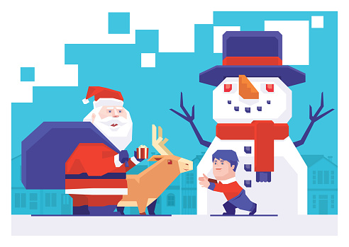 Santa Claus meeting little boy with snow man