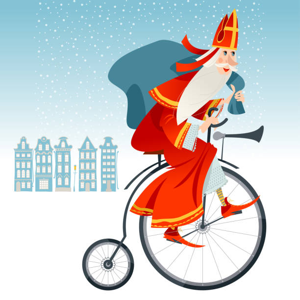 stockillustraties, clipart, cartoons en iconen met de kerstman (sinterklaas) op een uitstekende fiets met een zak van giften. kerstmis in nederland. - sinterklaas cadeaus