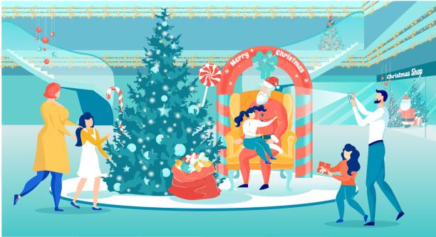 ilustrações de stock, clip art, desenhos animados e ícones de santa claus on armchair with kid at christmas shop - woman holding a christmas gift