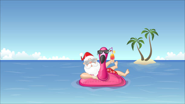 ilustraciones, imágenes clip art, dibujos animados e iconos de stock de santa claus en flotador inflable flamingo goza de las vacaciones de verano - july