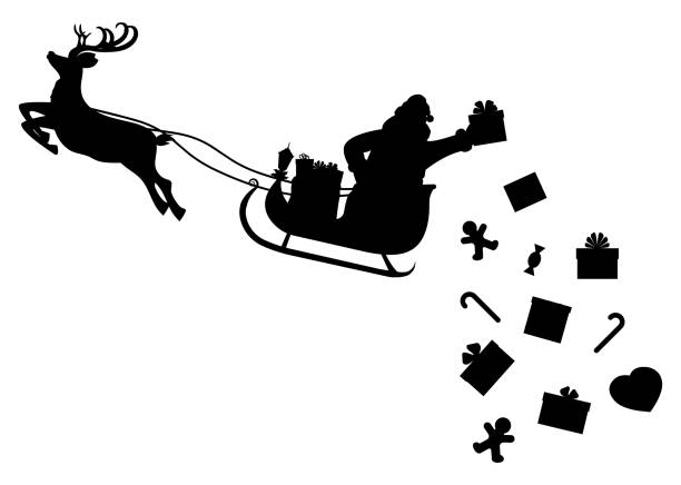 Santa claus on sleigh full of gifts and reindeer Santa claus on sleigh full of gifts and his reindeer silhouette. Santa drops christmas presents. Happy new year decoration. Merry christmas holiday. New year and xmas celebration. Vector illustration candy silhouettes stock illustrations