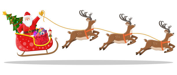 Santa claus on sleigh full of gifts and reindeers Santa claus on sleigh full of gifts, christmas tree and his reindeers. Happy new year decoration. Merry christmas holiday. New year and xmas celebration. Vector illustration in flat style reindeer stock illustrations