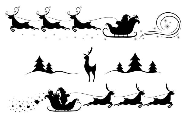 Santa Claus on sleigh with reindeer. Black silhouette Santa Claus on sleigh with reindeer. Merry Christmas and New year. Design element  poster, banner, invitation, congratulations, postcards. Black silhouette. Isolation. Vector illustration christmas silhouettes stock illustrations