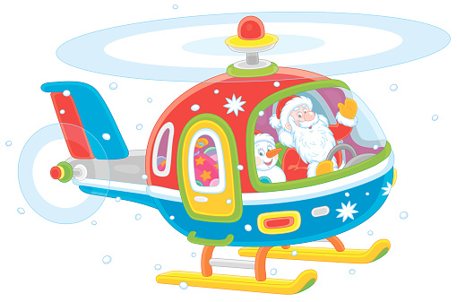 Santa Claus piloting his colorful helicopter