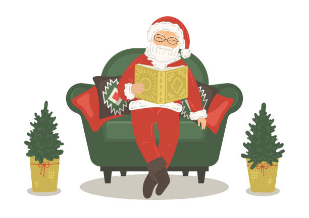 Santa Claus reading book. Santa Claus reading book. Santa sitting in armchair on white background. Vector illustration. christmas story telling stock illustrations