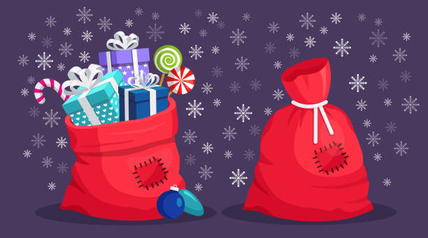 Santa Claus red bag with gift box isolated on background. Christmas sack full of presents package. Vector cartoon design Santa Claus red bag with gift box isolated on background. Christmas sack full of presents package. Vector cartoon design sack stock illustrations