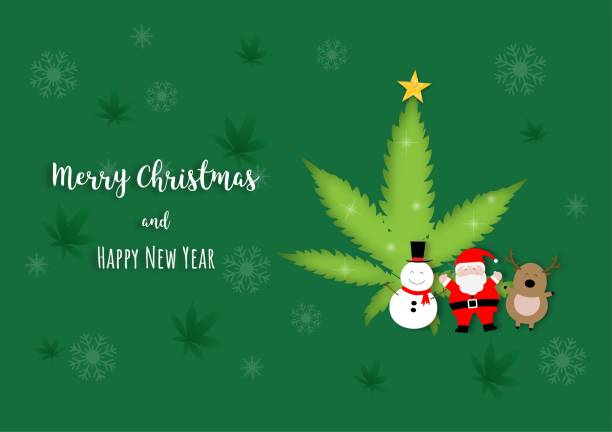 Santa Claus, reindeer and snow man on marijuana background. vector art illustration