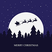 Santa flying with reindeer in sleigh above snowy landscape with trees. Merry Christmas card. Vector Illustration