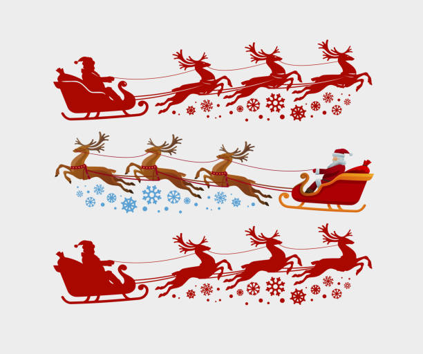 Santa Claus rides in sleigh pulled by reindeer. Christmas, xmas concept. Silhouette vector illustration Santa Claus rides in sleigh pulled by reindeer. Christmas, xmas concept. Vector illustration rudolph the red nosed reindeer stock illustrations