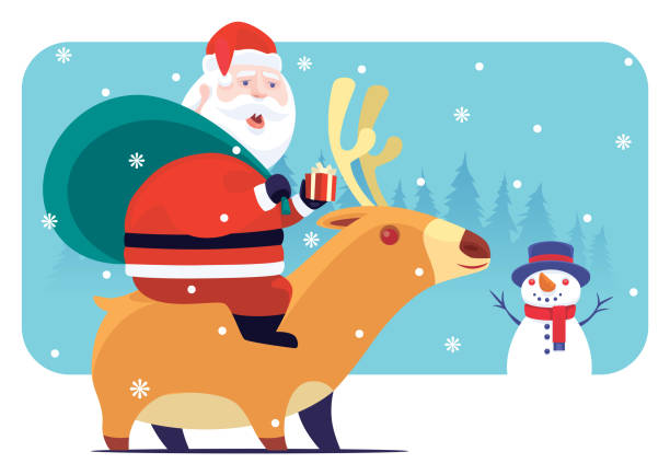 stockillustraties, clipart, cartoons en iconen met santa claus riding reindeer and meeting snowman - piggyback funny