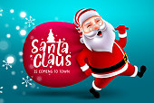 istock Santa claus running vector design. Santa claus is coming to town text with santa claus character running and holding sack bag of gifts for xmas celebration. 1339410756