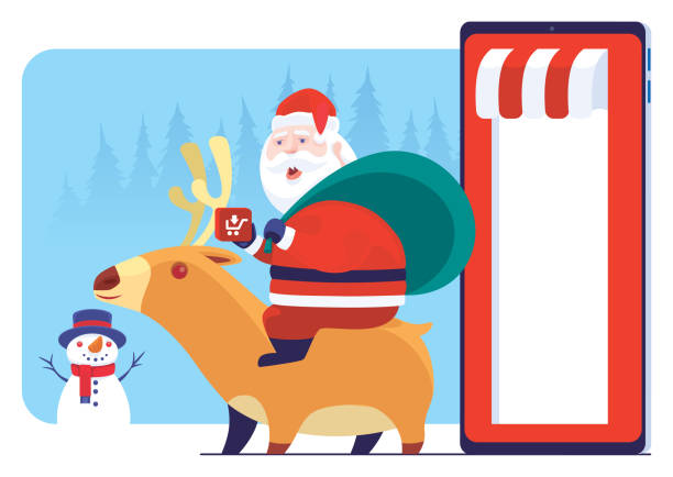 stockillustraties, clipart, cartoons en iconen met santa claus shopping with online store via smartphone - piggyback funny