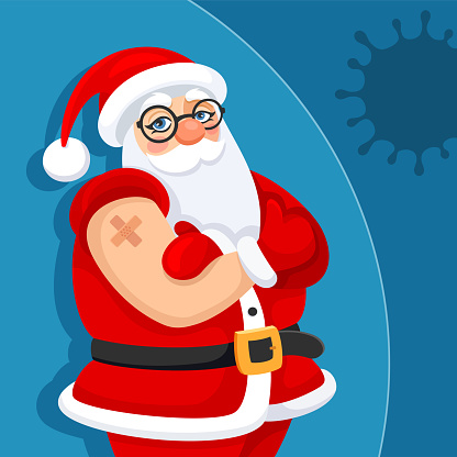 Santa Claus showing his arm after receiving covid-19 vaccination .