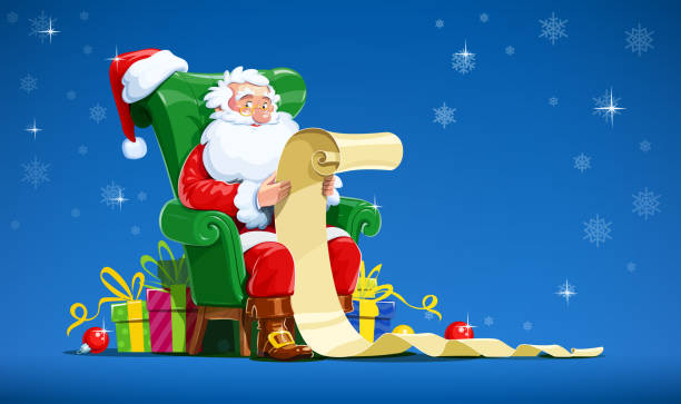 ilustrações de stock, clip art, desenhos animados e ícones de santa claus sit in armchair and read - a letter to santa claus, christmas gifts
