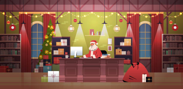 santa claus sitzt am arbeitsplatz und mit computer frohe weihnachten frohe neujahrsfeiertage feier - werkstatt stock-grafiken, -clipart, -cartoons und -symbole