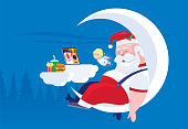 vector illustration of Santa Claus sitting on crescent moon and sleeping