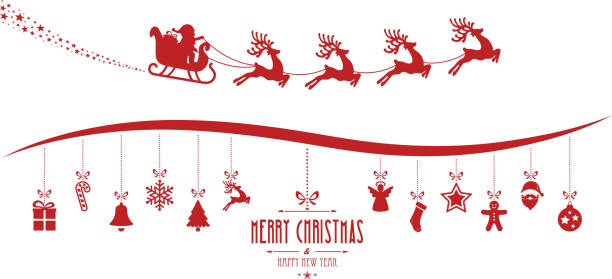 santa claus sleigh christmas elements hanging red isolated background santa claus sleigh christmas elements hanging red isolated background christmas silhouettes stock illustrations