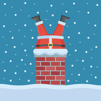 Santa Claus stuck in the chimney on the roof