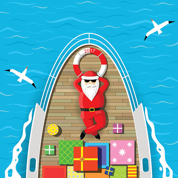 ilustrações de stock, clip art, desenhos animados e ícones de santa claus swimming on a yacht - grandparents vertical
