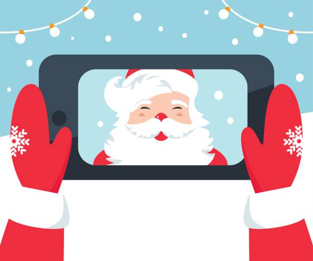ilustrações de stock, clip art, desenhos animados e ícones de santa claus taking selfie photo with phone - smartphone christmas
