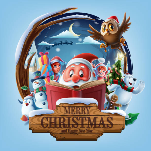 Santa Claus tells the story of Christmas christmas banner rudolph the red nosed reindeer stock illustrations