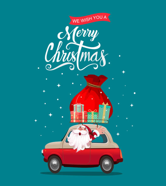Santa Claus Merry christmas stylized typography. Vintage red car with santa claus and gift boxes. funny santa cartoon pictures stock illustrations