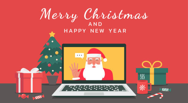 Santa Claus video calling on the laptop vector art illustration
