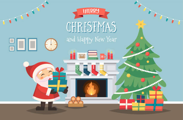 聖誕老人與聖誕樹和禮物。裝飾室內帶壁爐。平面樣式中的可愛向量插圖 - christmas tree 幅插畫檔、美工圖案、卡通及圖標