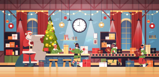 santa claus mit elfen setzen geschenke auf maschinenlinie förderer glücklich neues jahr weihnachtsfeier - werkstatt stock-grafiken, -clipart, -cartoons und -symbole