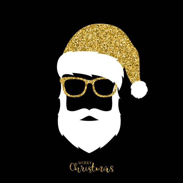 stockillustraties, clipart, cartoons en iconen met kerstman met hoed en bril. gouden glitter-effect. vectorillustratie. - christmas funny