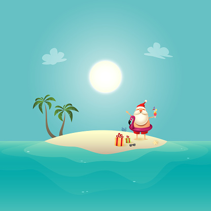 Santa Claus With Inflatable Swim Float On Siland Celebrate Summer Christmas In June Stock