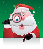 vector illustration of happy santa claus with magnifying glass pointing…
