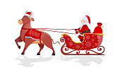 Santa Claus with red bag rides big bull sleigh on Christmas on white nature background.