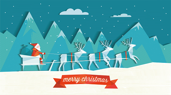 santa claus with reindeer sleigh in winter landscape