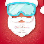 Santa Claus with white beard wearing red hat and snowboard mask. Paper cut style. Hipster in suit Santa Claus. Merry Christmas and Happy New Year vector illustration.