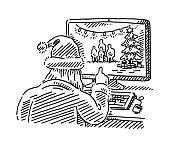 Hand-drawn vector drawing of a Santa Claus Working From Home, sitting in front of a computer monitor. Black-and-White sketch on a transparent background (.eps-file). Included files are EPS (v10) and Hi-Res JPG.