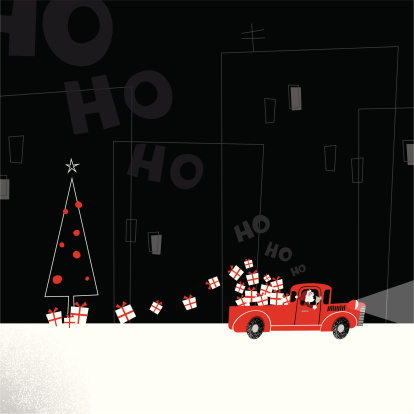 Santa delivering presents truck retro city christmas illustration vector minimil
