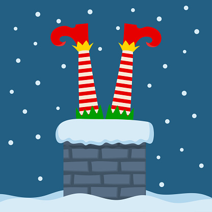 Santa elf stuck in chimney. Merry christmas card.