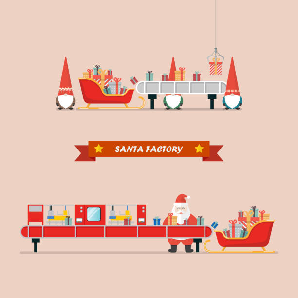 산타 공장 개념 - 썰매 동물을 이용한 교통 stock illustrations