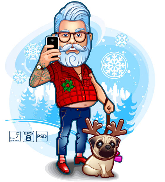 Santa Happy Selfie Santa take a selfie with dog on winter background.   funny santa cartoon pictures stock illustrations