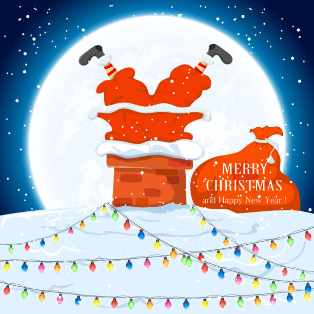 Santa in the chimney on the roof Santa Claus in the chimney and sack of gifts on the roof with Christmas lights,  illustration. christmas lights house stock illustrations