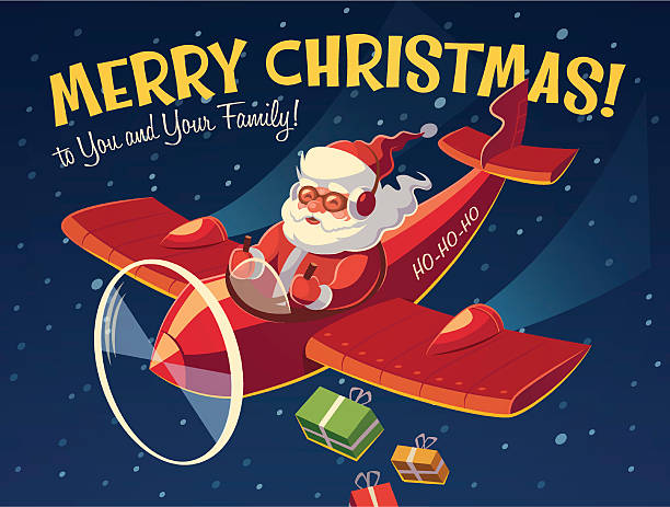 Santa on the plane Christmas card \ poster \ banner. Vector illustration. funny santa cartoons pictures stock illustrations