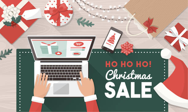 ilustrações de stock, clip art, desenhos animados e ícones de santa ordering christmas gifts online - smartphone christmas
