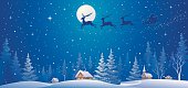 Vector illustration of Santa's sleigh flying over village