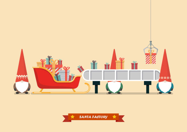 Santa sleigh with piles of presents waiting a gift boxes from robot machine Santa sleigh with piles of presents waiting a gift boxes from robot machine. Vector illustration limb body part stock illustrations