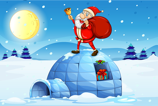 Santa standing above an igloo on a white background vector