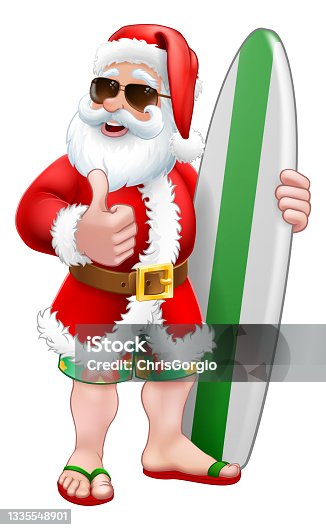 istock Santa Surfing Shades Surfboard Christmas Cartoon 1335548901