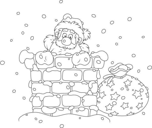 Santa with gifts in a chimney The night before Christmas, Santa Claus looking out of a stove pipe on a snow-covered roof. Black and white vector illustration christmas coloring stock illustrations